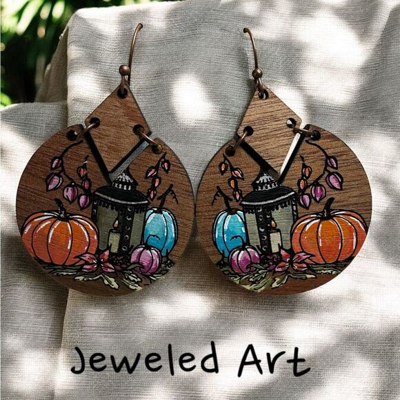 JEWELED ART Autumn Harvest Hand-Painted Wood Earrings Fall Boho Dangle - Picture 1 of 3